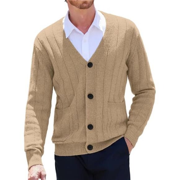 Other - Men's Cardigan Sweater Cable Knit V Neck Khaki